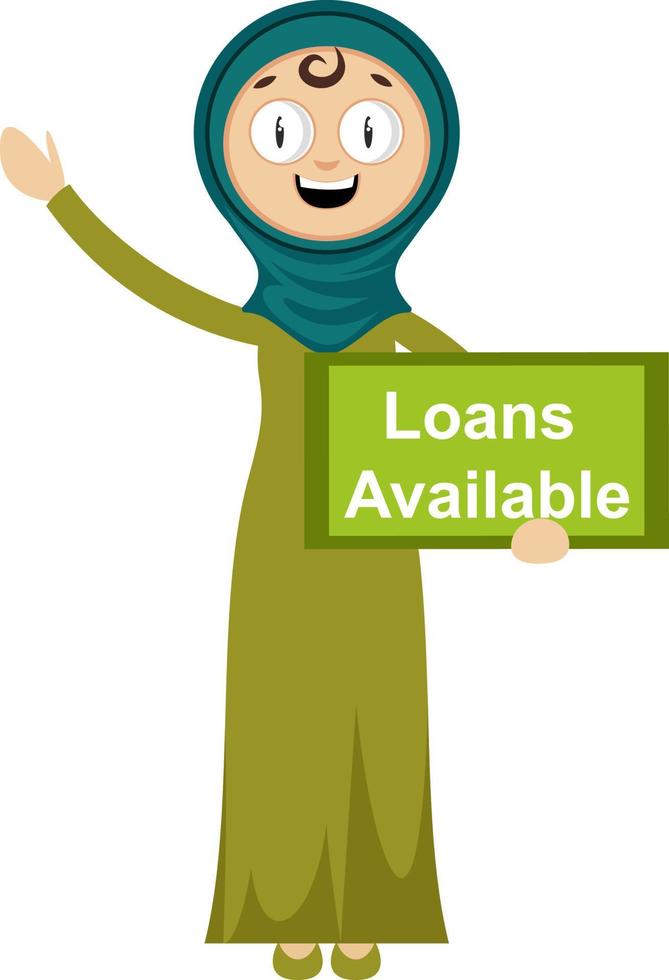 Cartoon muslim woman with loans sign vector