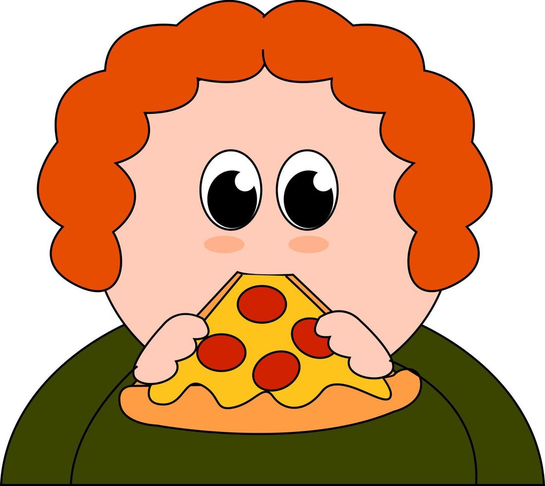 Fat Boy comiendo pizza, ilustración, vector sobre fondo blanco.