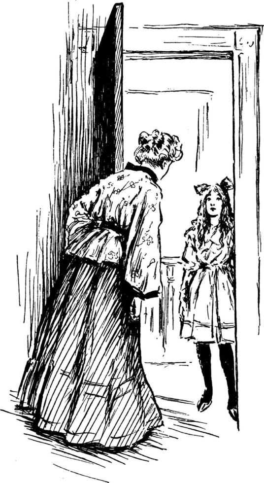 mujer contestando a la puerta, ilustración vintage vector