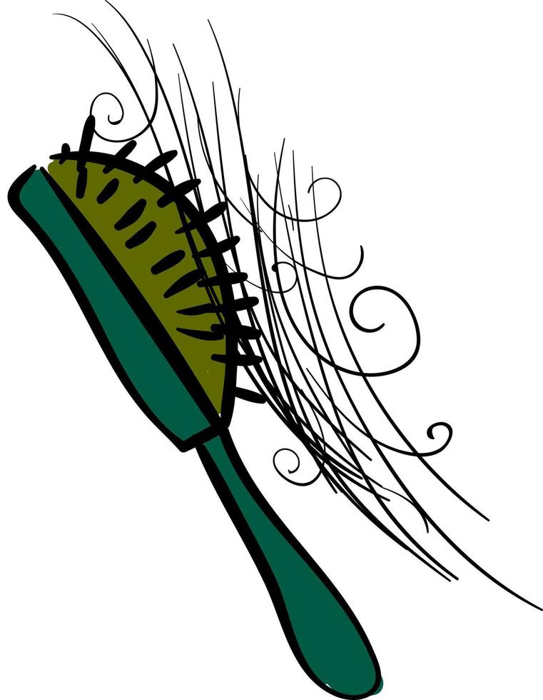 Peine verde con cabello, ilustración, vector sobre fondo blanco.