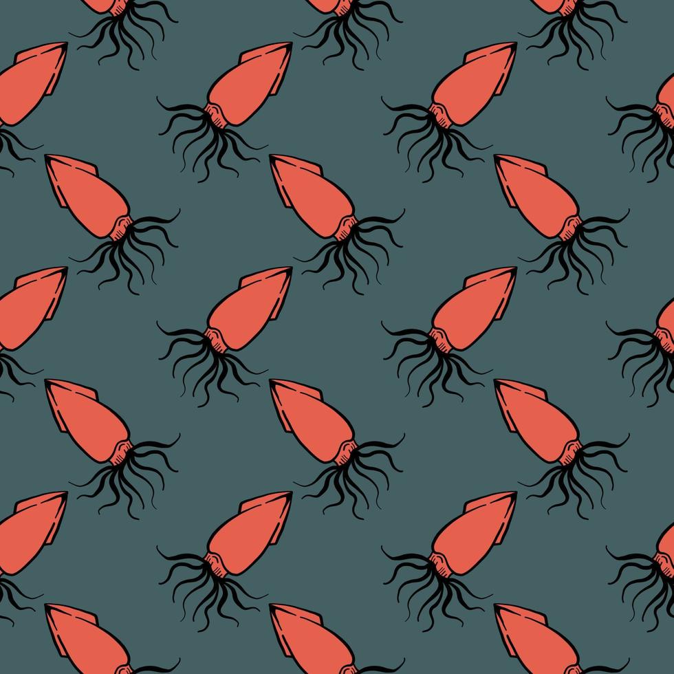 Red squid ,seamless pattern on dark green background. vector