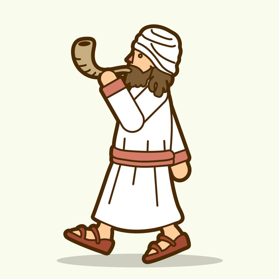 Jewish Blowing the Shofar Sheep Horn Cartoon Graphic Vector