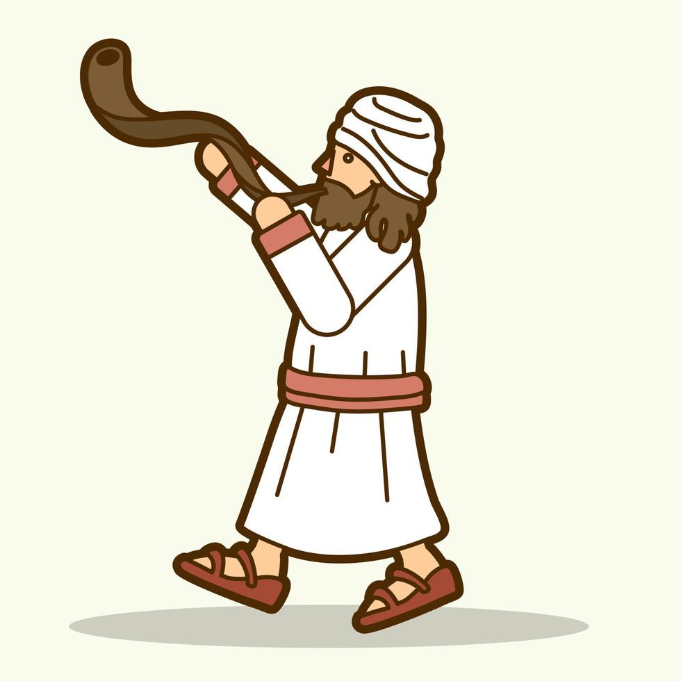 Jewish Blowing the Shofar Kudu Horn Cartoon Graphic Vector