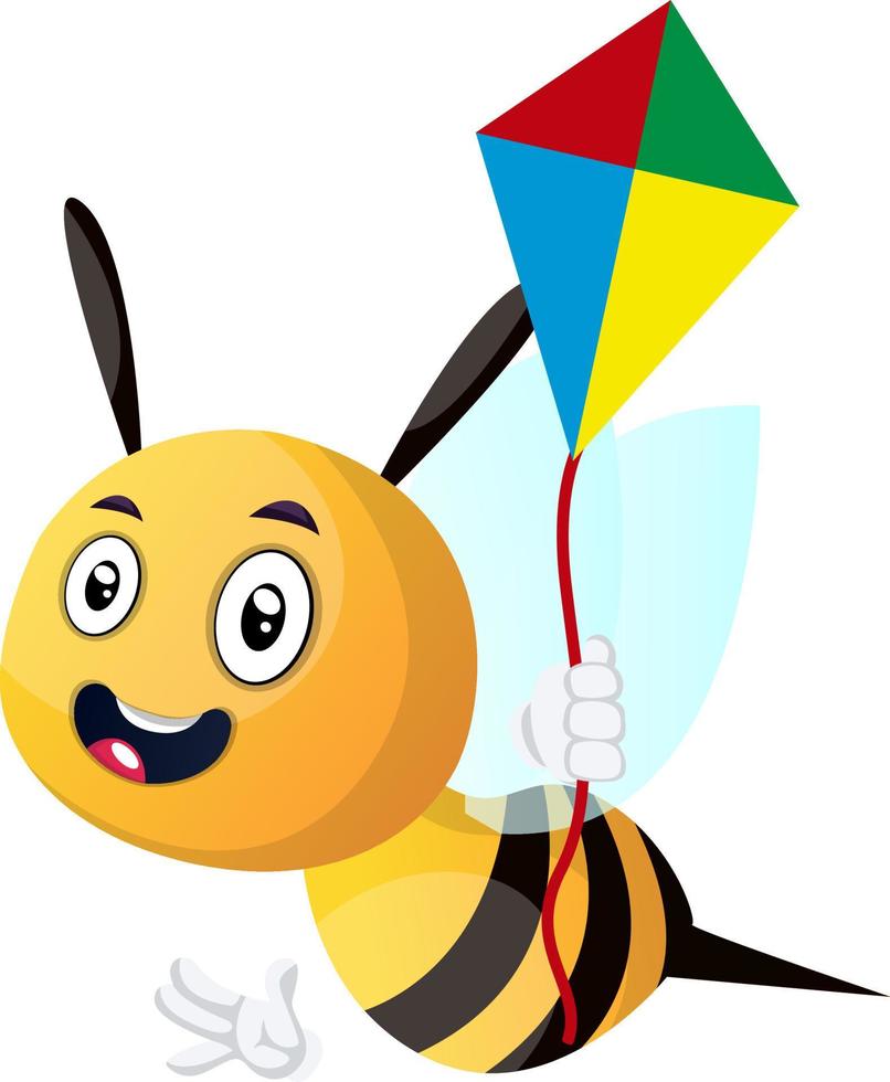 abeja sosteniendo una cometa, ilustración, vector sobre fondo blanco.