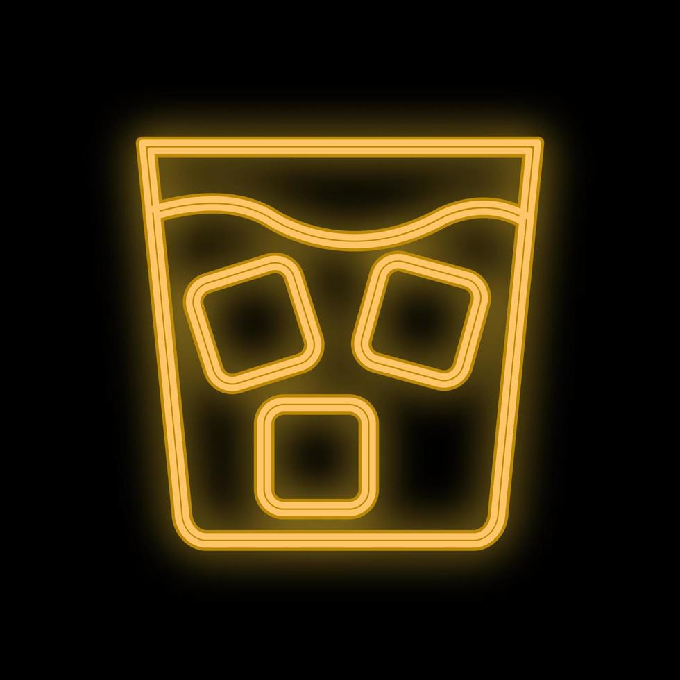 Bright luminous yellow neon sign for a cafe restaurant bar pub beautiful shiny with a glass of whiskey with ice on a black background. Vector illustration