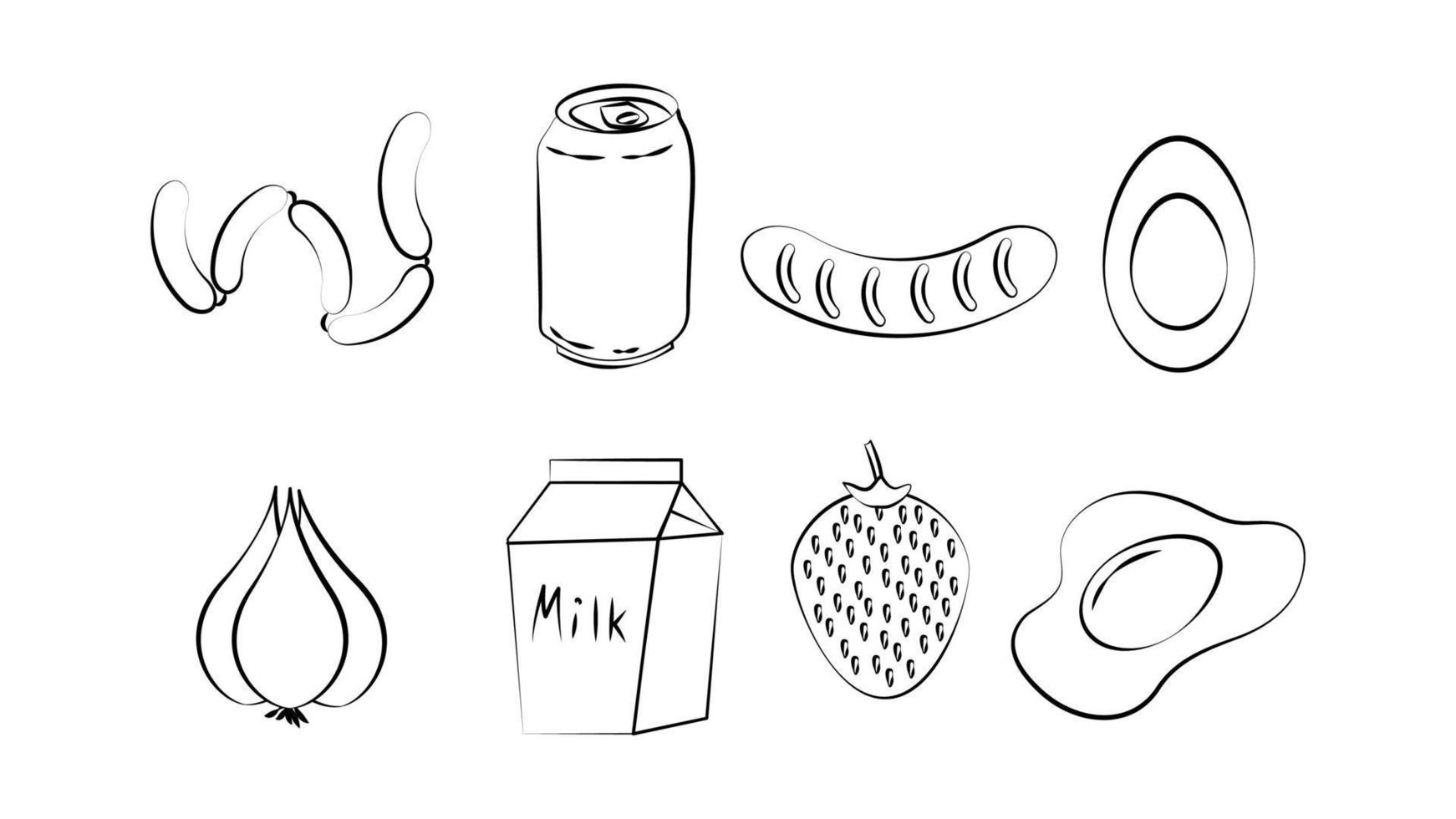 Black and white set of eight icons of delicious food and snacks items for a cafe bar restaurant on a white background sausages, soda, sausage, egg, garlic, milk, strawberries vector