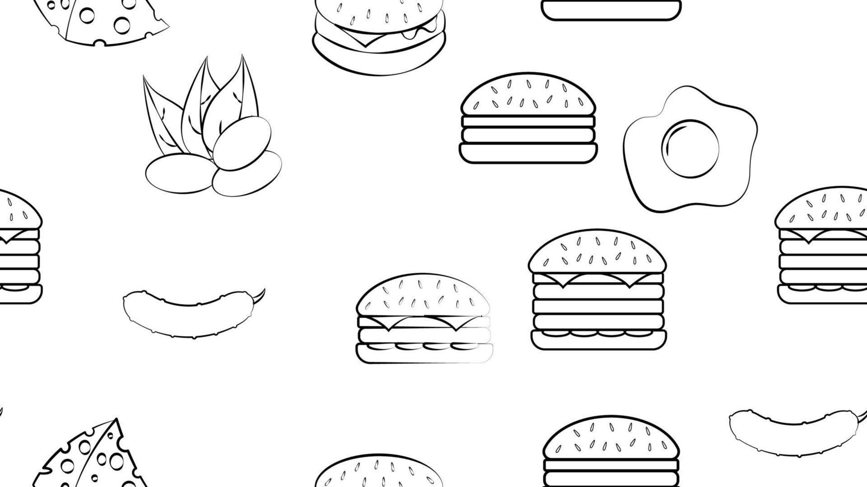 Black and white endless seamless pattern of a set of food items and snacks icons for a restaurant bar cafe burger, pistachios, egg, cheese, cucumber. The background vector