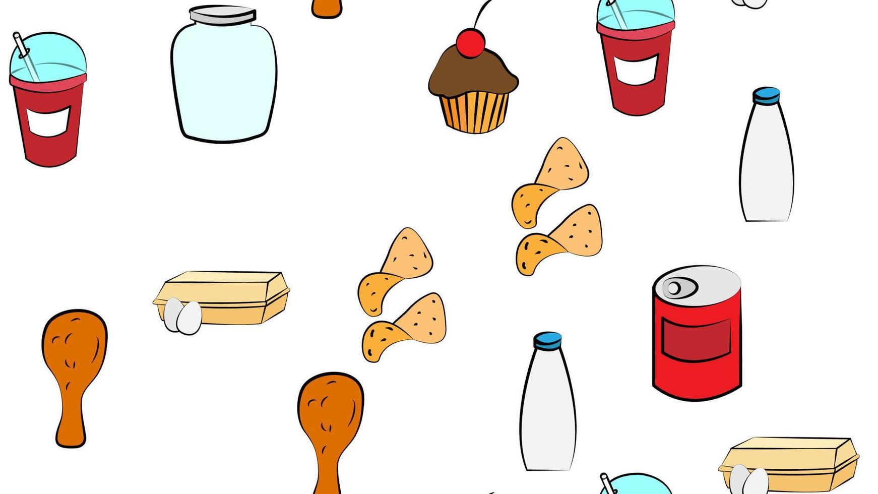 Endless white seamless pattern of delicious food and snack items icons set for restaurant bar milk, can, cupcake, eggs, chicken, chips, soda, lemonade. The background vector