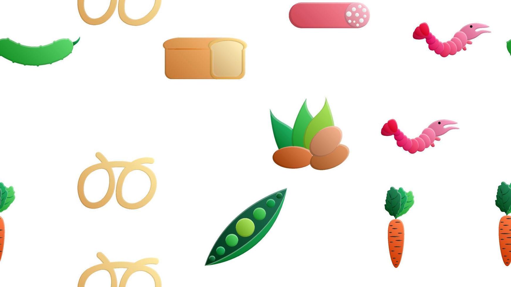 Endless white seamless pattern of delicious food and snack items icons set for restaurant bar cafe nuts, cucumber, peas, carrot, sausage, bread, shrimp, pretzel. The background vector