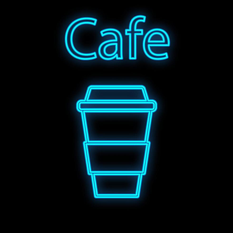 Bright luminous blue neon sign for cafe bar restaurant pub beautiful shiny with a mug of coffee on a black background. Vector illustration