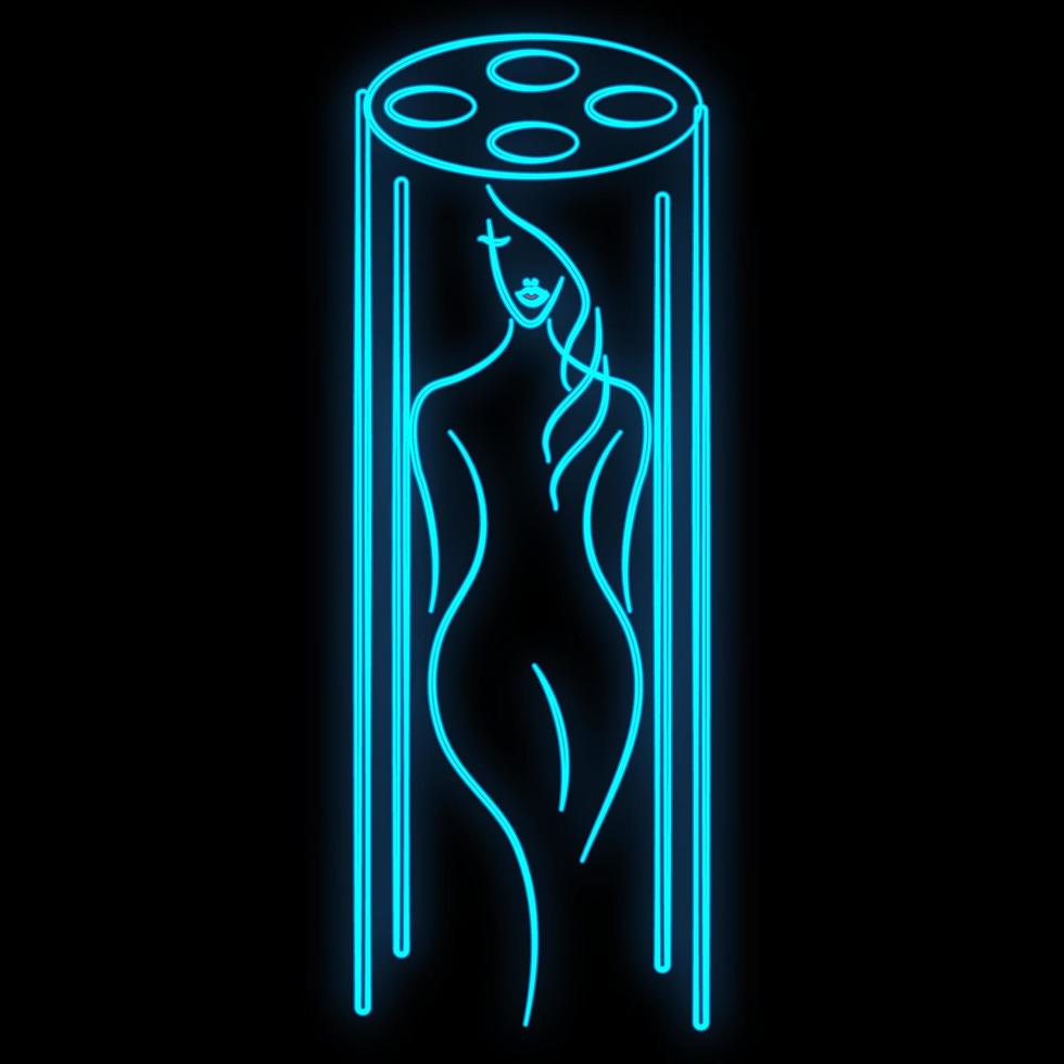 letrero de neón azul luminoso para un salón de bronceado de un salón de belleza y un hermoso y brillante spa de belleza con una mujer tomando el sol en un fondo negro. ilustración vectorial vector