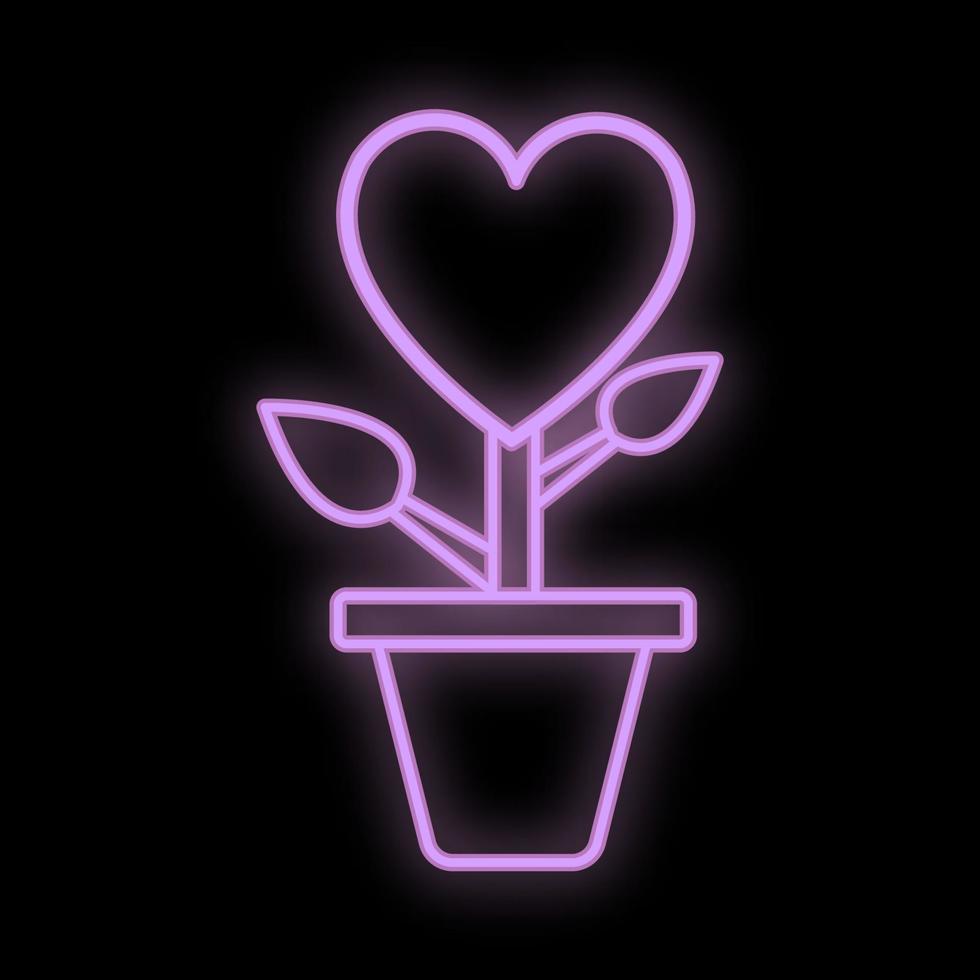 Bright luminous purple festive digital neon sign for a store or card beautiful shiny with a love flower with a heart in a pot on a black background. Vector illustration