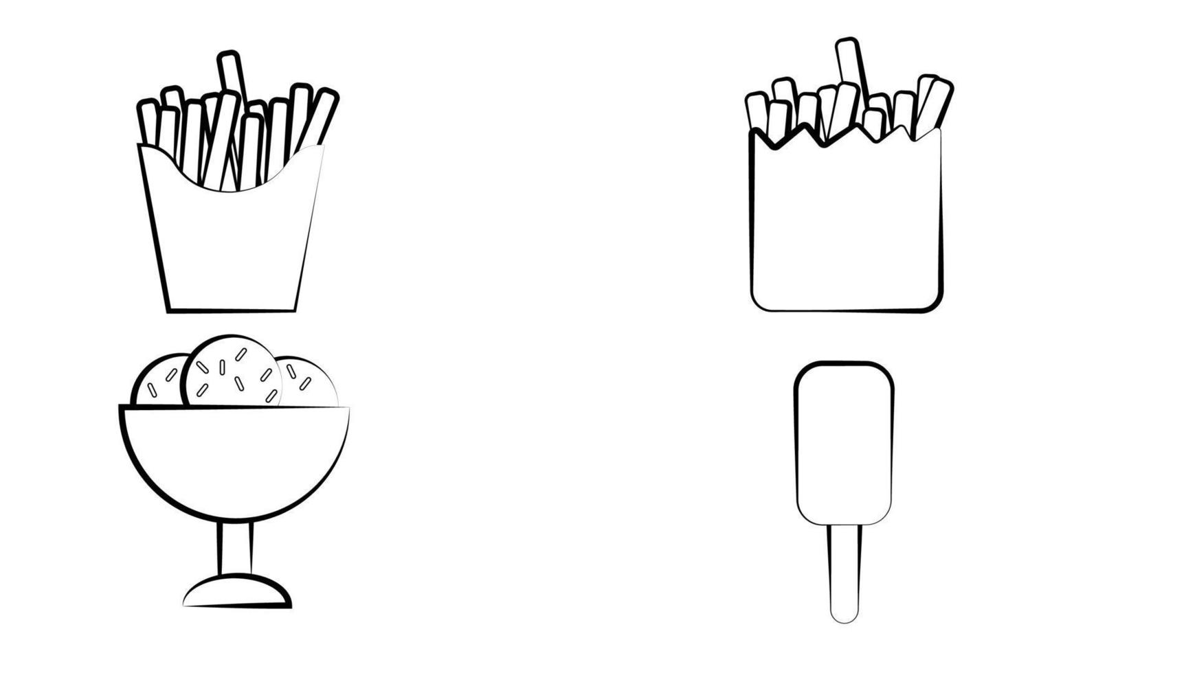 iconos de esbozo de tiza de comida rápida en la pizarra. snacks, postres, bebidas. papas fritas vectoriales aisladas en caja, porción de pizza, coca cola, hamburguesa con queso, hamburguesa, perrito caliente, cono de helado vector