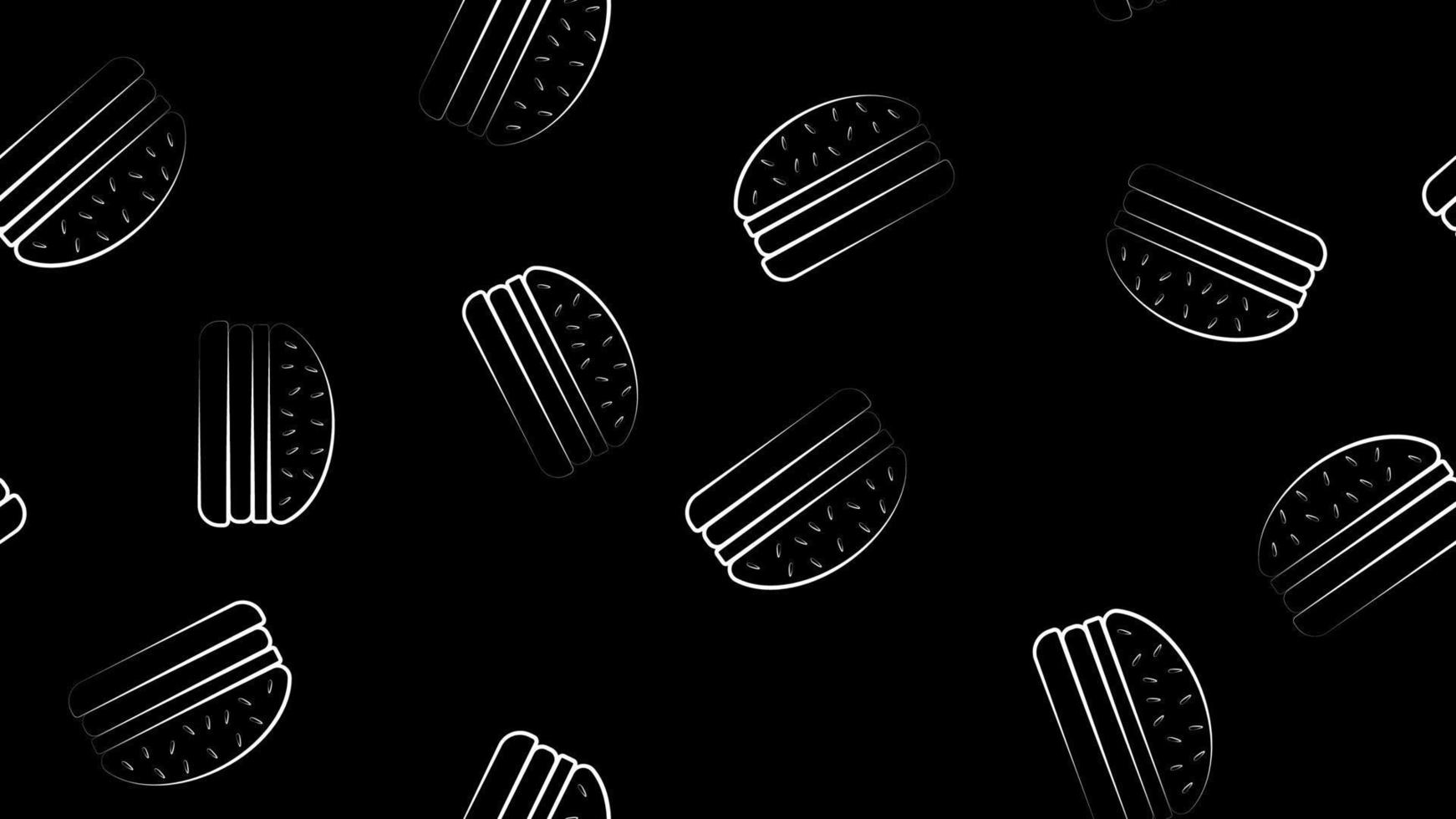 patrón de comida rápida con hamburguesas blancas sobre fondo negro. linda textura de hamburguesas de dibujos animados para banner de comida rápida, textil, papel de regalo, paquete, cubierta vector