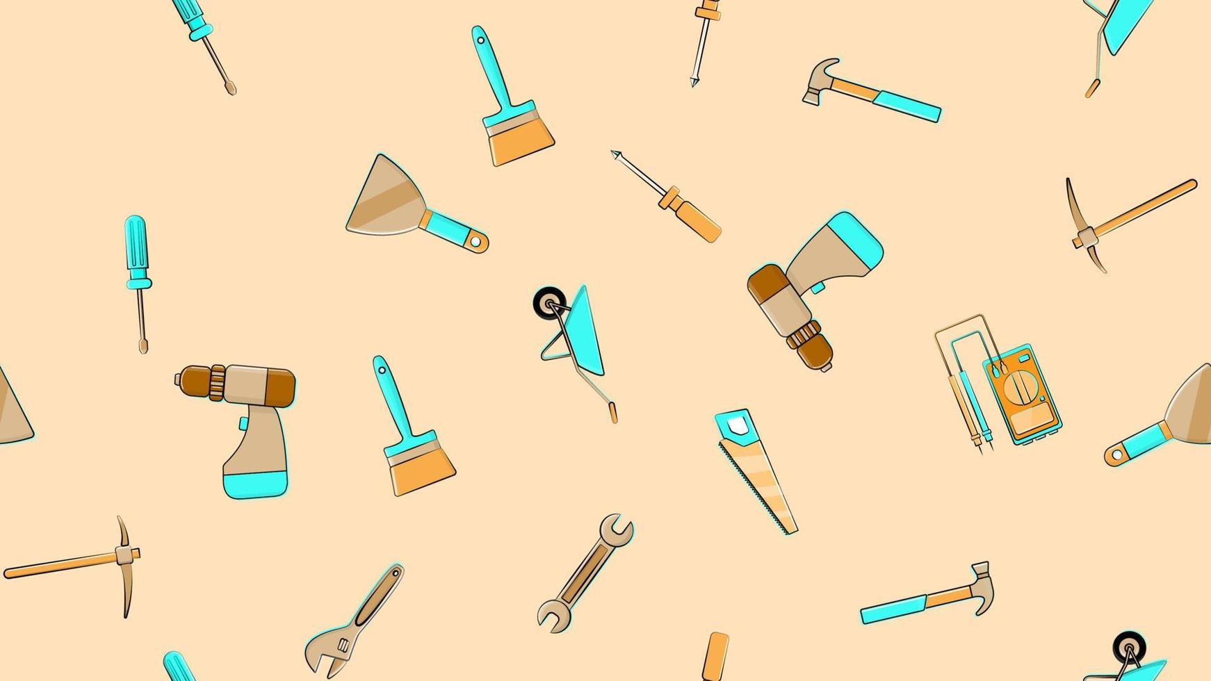 Texture, seamless pattern from a set of construction tools for repair hammer, shovel, screwdriver, wrench, tester, brush, saw, trolley, trowel, ladder on a beige background. Vector illustration