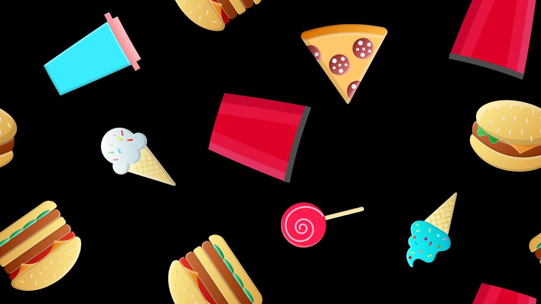 Endless black seamless pattern of a set of icons of delicious food and snacks items for a restaurant bar cafe burger, popcorn, pizza, ice cream, coffee, candy. The background vector