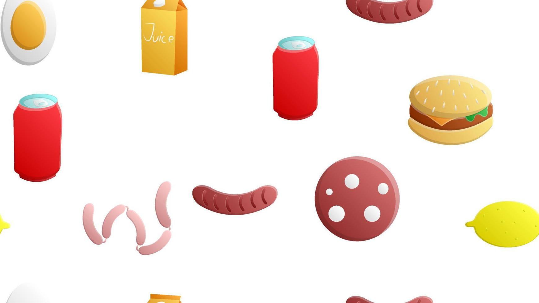 Endless white seamless pattern of delicious food and snack items icons set for restaurant bar cafe lemon, egg, soda, burger, juice, salami, sausages. The background vector