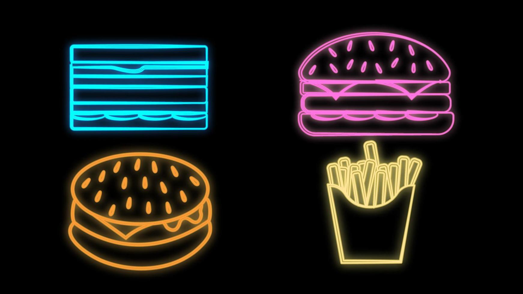 Set line Sandwich, Popcorn in bowl, Taco with tortilla and Burger and french fries in carton package box. Gradient color icons. Vector