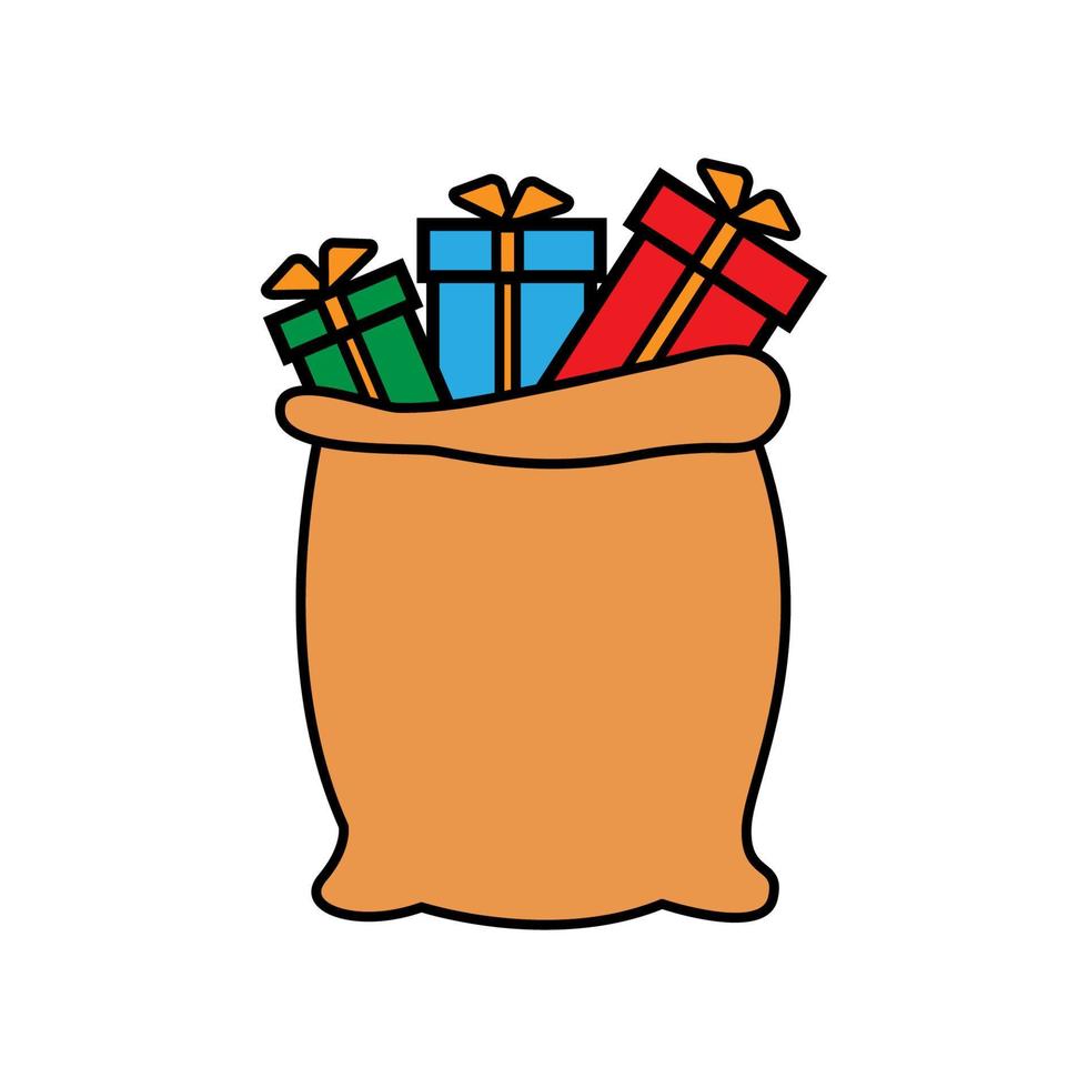 Santa Claus gifts in bag. Christmas presents sack, pile of sweets gift and xmas vector illustration