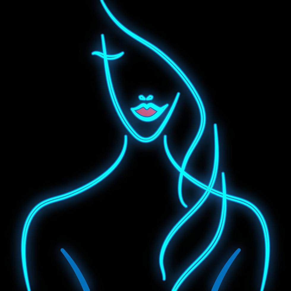 Bright luminous blue neon sign for a hairdresser beauty salon beautiful shiny beauty spa with a woman's face in front of a mirror on a black background. Vector illustration