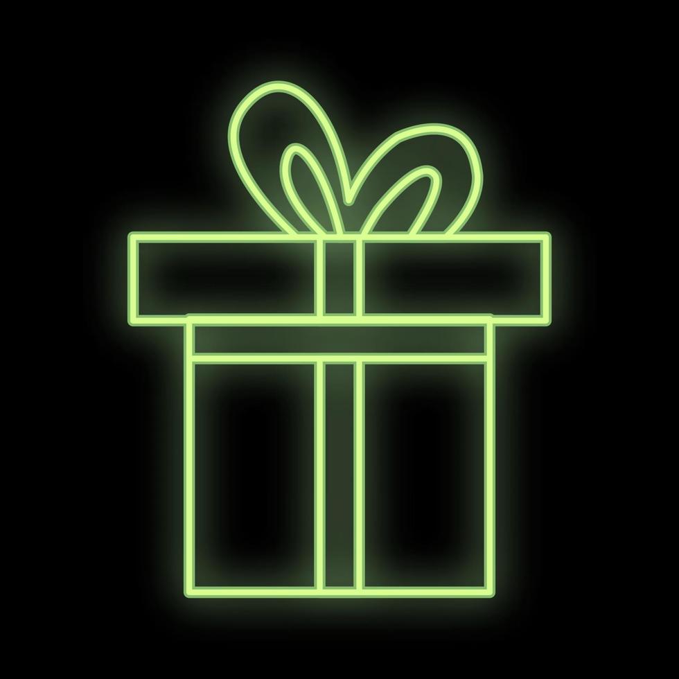 Bright luminous green festive digital neon sign for a store or card beautiful shiny with a love gift box on a black background. Vector illustration