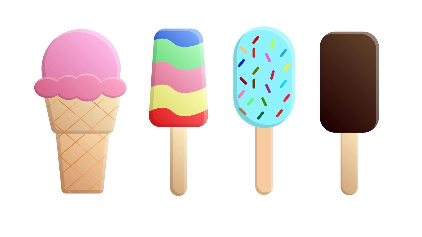 Ice cream set isolated on a white background. Summer colorful background. Tasty cute appetizing food collection. Simple realistic modern design. Flat style vector illustration