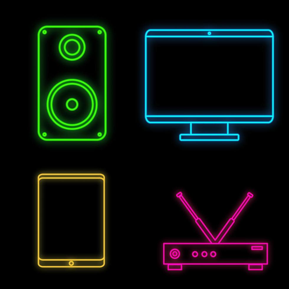 A set of bright luminous multi-colored neon signs for the store and workshop service center is beautiful shiny with modern electronics and appliances on a black background. Vector illustration