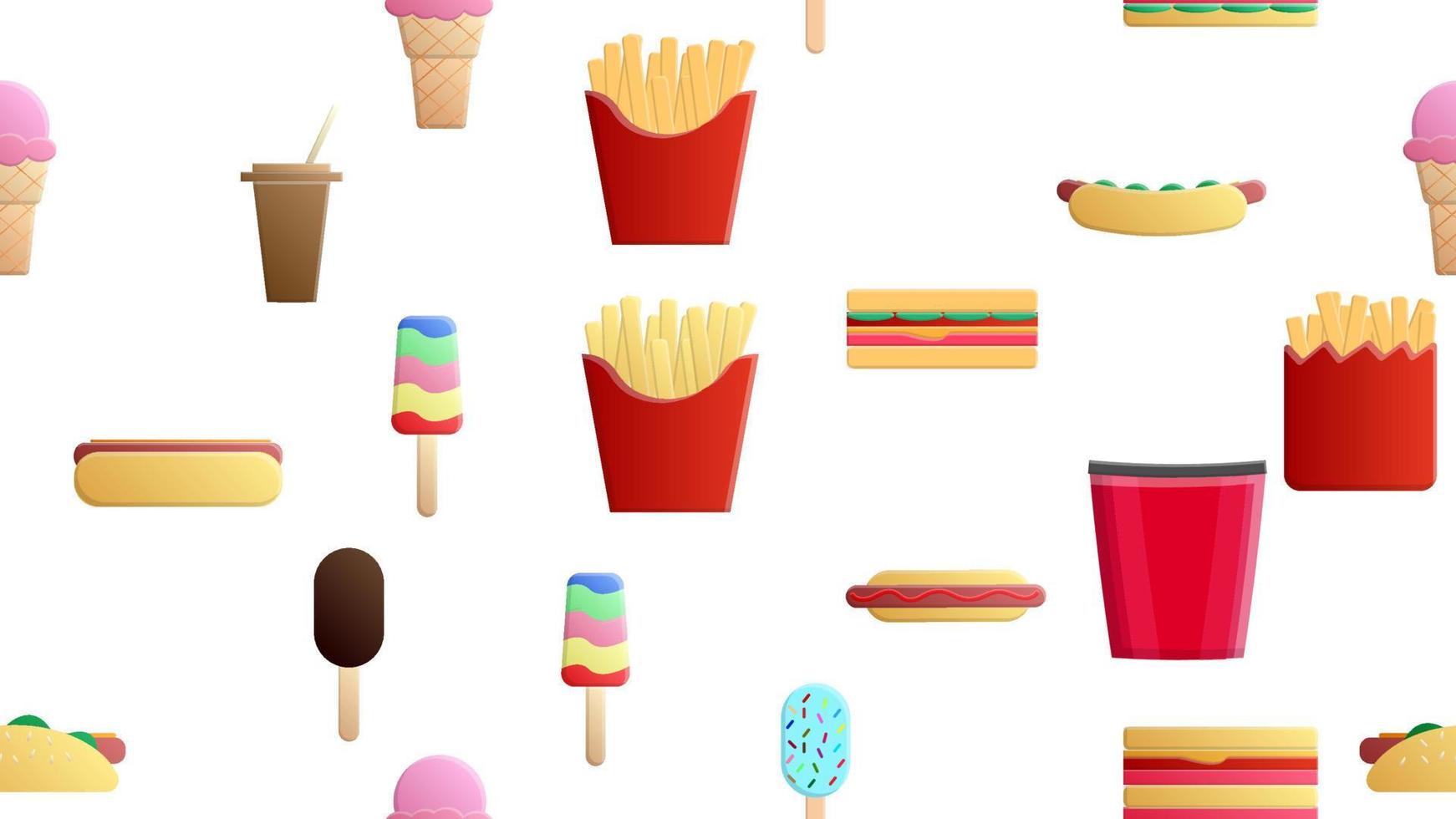 Endless white seamless pattern of delicious food and snack items icons set for restaurant bar cafe fries, sandwich, ice cream, popcorn, drink. The background vector