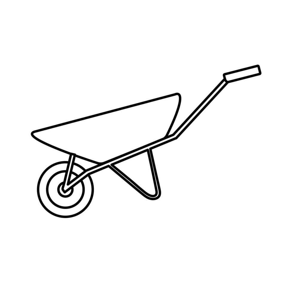 Construction black-and-white icon of a manual one-wheeled trolley with one wheel designed for carrying heavy loads, building materials for repair. Construction tool. Vector