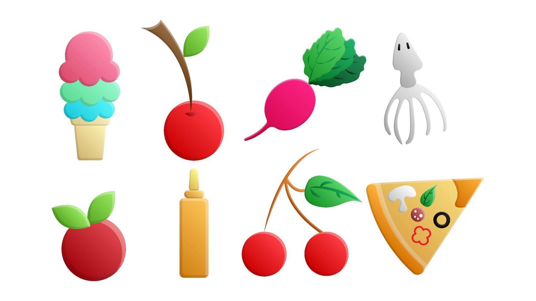 A set of eight icons of items of delicious food and snacks for a cafe bar restaurant on a white background ice cream, cherry, berry, radish, squid, syrup, pizza vector