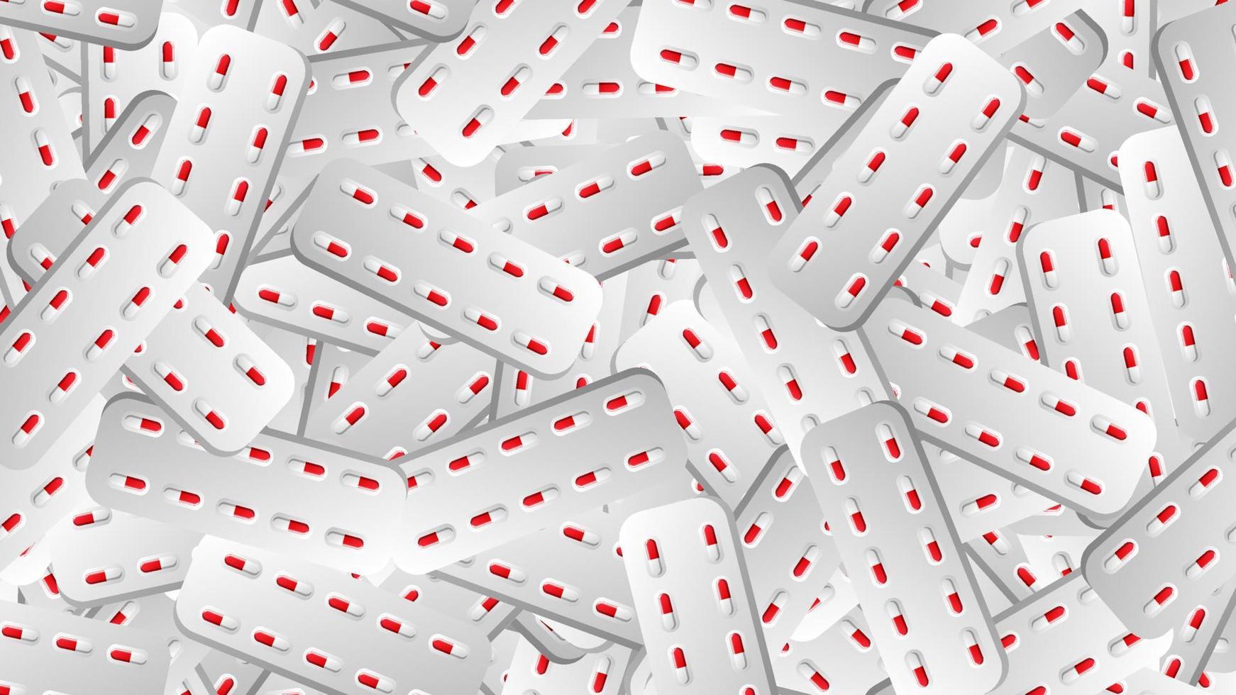 Endless seamless pattern of medical scientific medical items, pharmacological tablets and medications, pill capsules on a white background. Vector illustration
