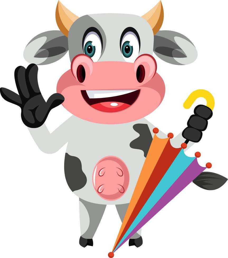Cow with umbrella, illustration, vector on white background.