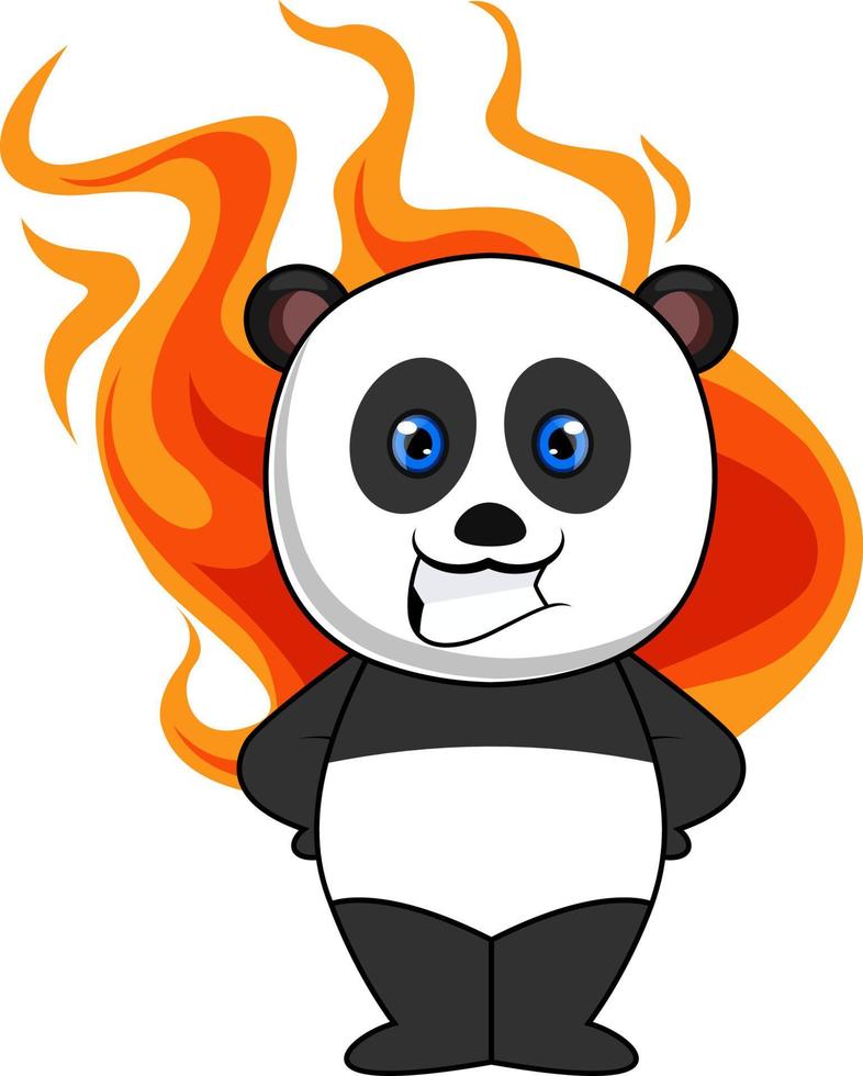 Panda con corazón ardiente, ilustración, vector sobre fondo blanco.