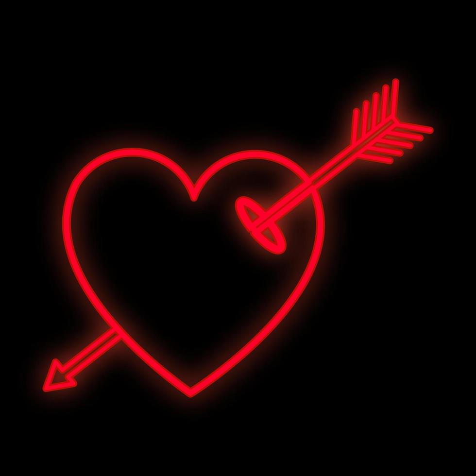 Bright luminous red festive digital neon sign for a store or card beautiful shiny with a love heart with Cupid's arrow on a black background. Vector illustration