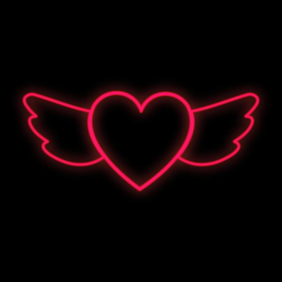 signo de neón digital festivo rojo luminoso brillante para una tienda o tarjeta de felicitación hermoso brillante con alas de amor con un corazón sobre un fondo negro. ilustración vectorial vector