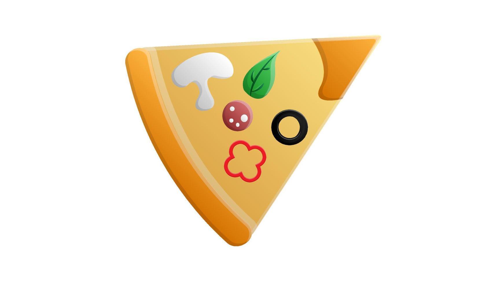 slice of pizza on thin dough, on a white background, vector illustration. pizza stuffed with mushrooms, meat, cheese and herbs, basil. fast food snack