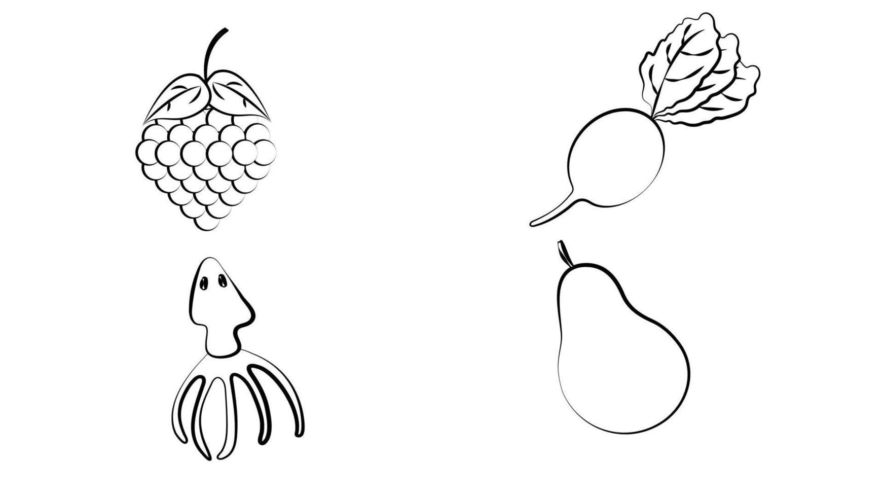 Fruit and Vegetables icon set. Vegan natural bio pictograms. Artichoke, asparagus, wheat, bananas, grapes, leeks, garlic, ginger. Cereals, diet vector