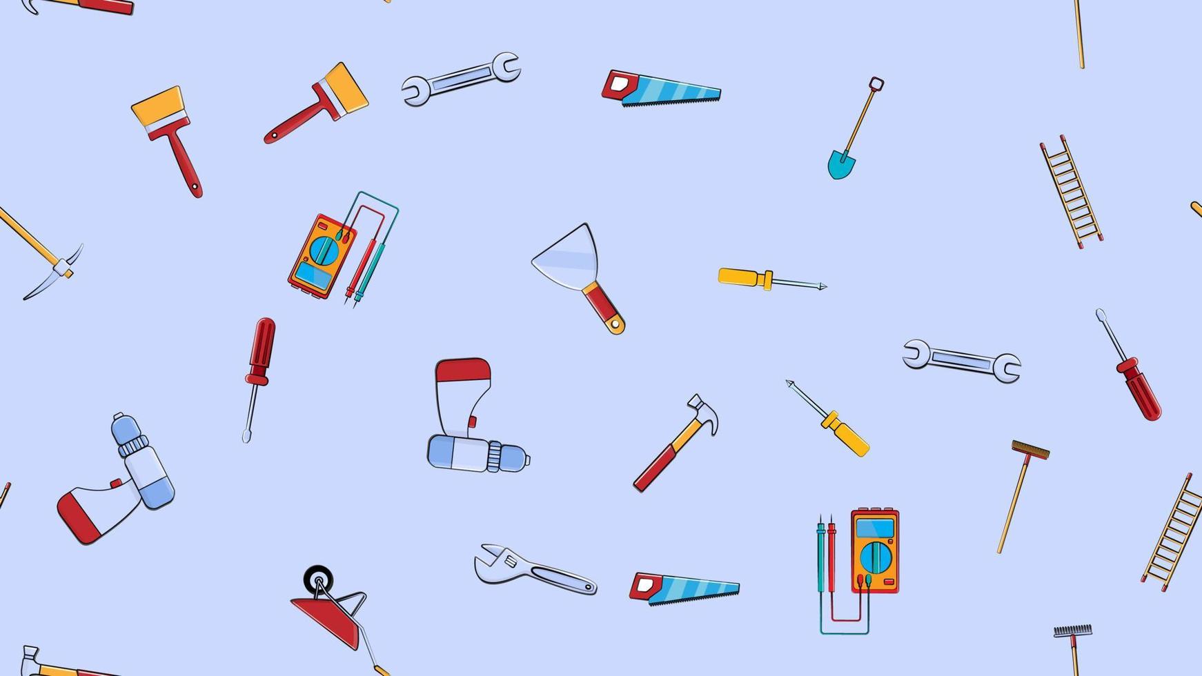 Texture, seamless pattern from a set of construction tools for repair hammer, shovel, screwdriver, wrench, tester, brush, saw, trolley, trowel, ladder on a blue background. Vector illustration