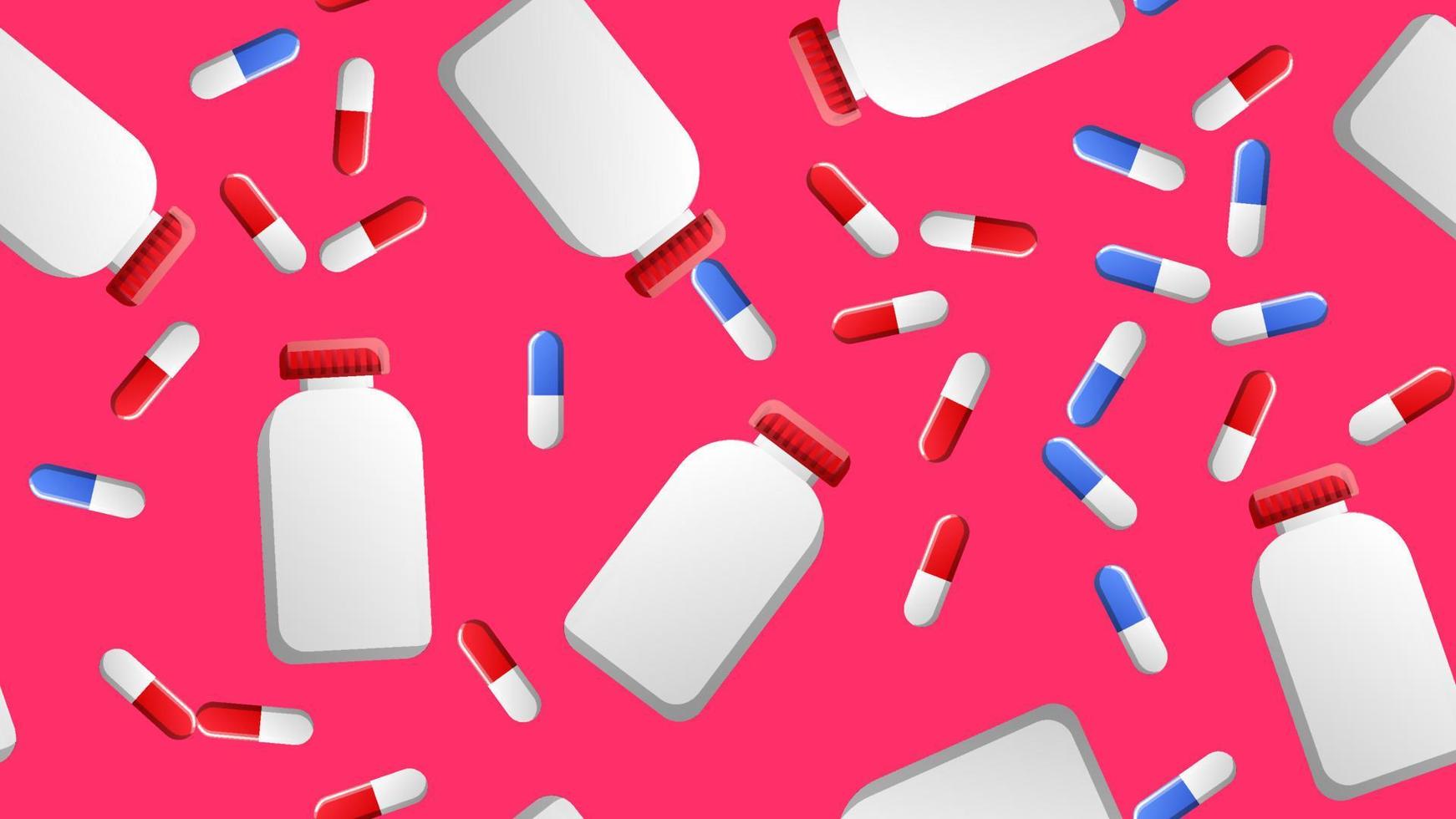 Endless seamless pattern of medical scientific medical items of pharmacological jars for pills and medicine pills capsules on a pink background. Vector illustration
