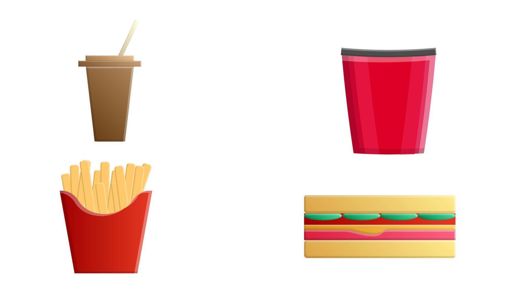 Fast food. Set of cartoon vector food icons isolated on white background. Ketchup, mustard, glass of cola, french fries, hamburger, sweet potato fries, burger with fried egg, pop corn, hot dog, pizza