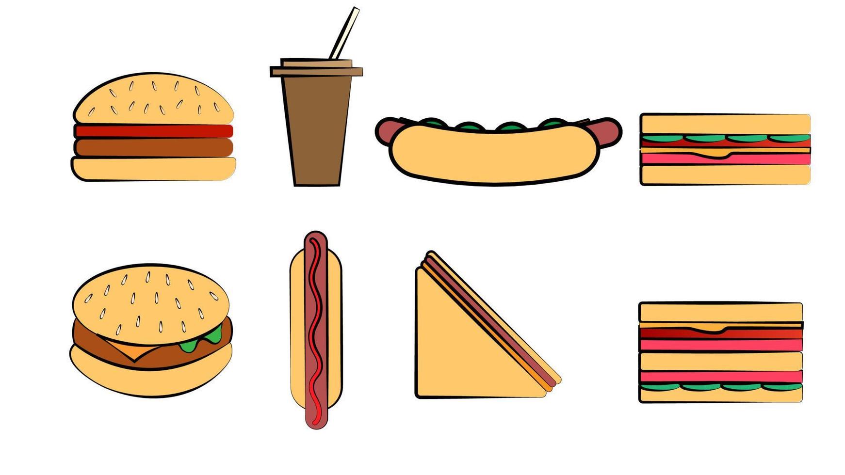 Set of eight icons of items of delicious food and snacks for a cafe bar restaurant on a white background burger, sandwich, hot dog, coffee vector