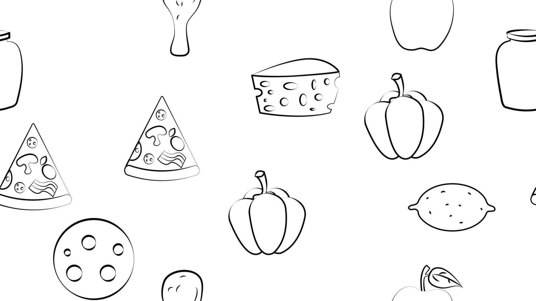 Black and white endless seamless pattern of food and snack items icons set for restaurant bar cafe lemon, apple, chicken, cheese, pizza, sausage, can, pepper. The background vector