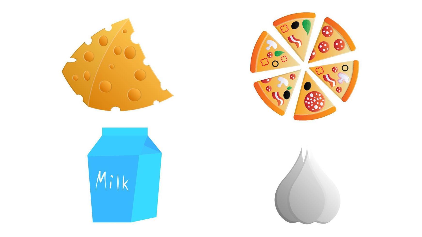 Set Of Different Food - Bread, Pie, Biscuit, Cakes, Eaggs, Omelette, Cheese, Milk, Pizza, Coffee, vector