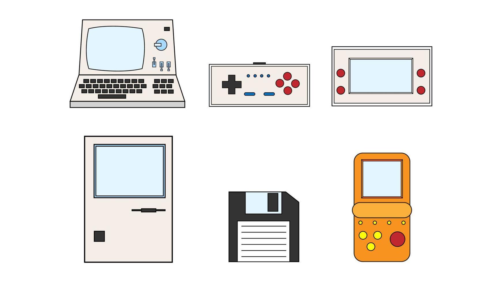 Set of old retro vintage hipster technology electronics computer, pc, floppy floppy disk, game portable video game consoles from 70s, 80s, 90s. Vector illustration