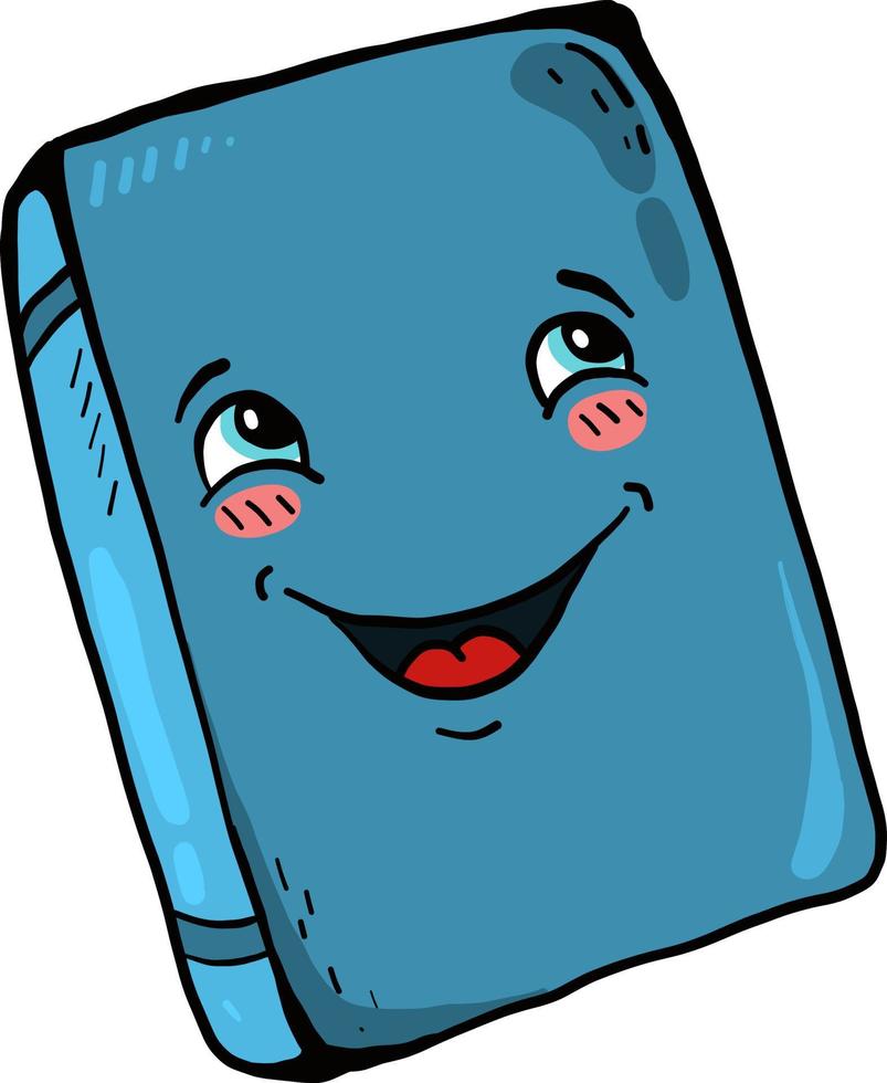 Blue happy book, illustration, vector on a white background.
