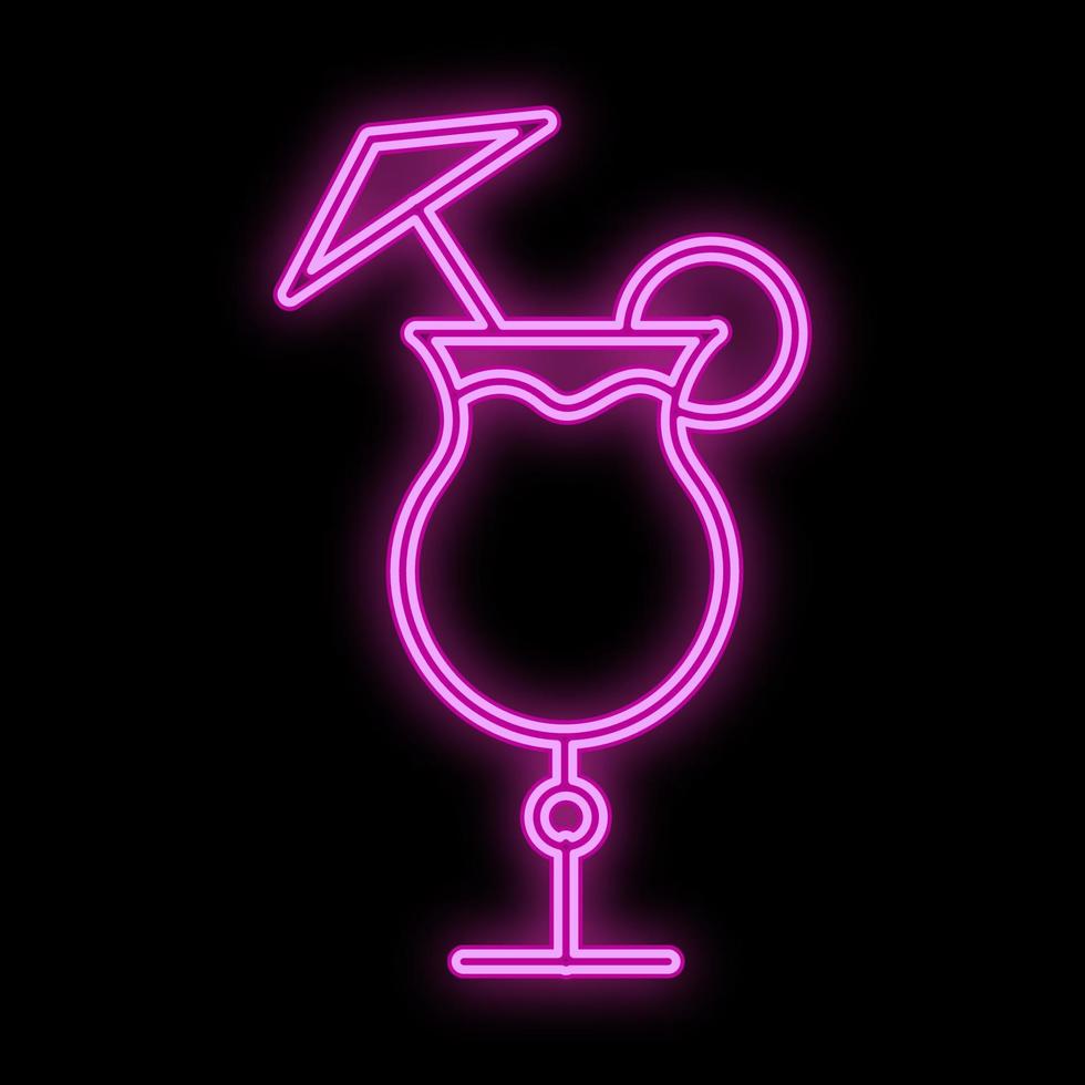 Bright luminous violet neon sign for cafe bar restaurant pub beautiful shiny with an alcoholic cocktail with a straw in a glass on a black background. Vector illustration