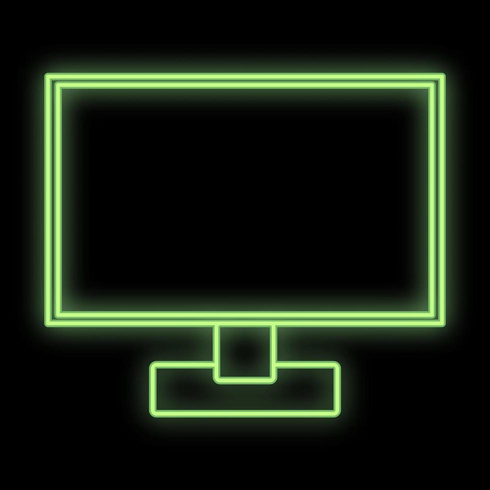 Bright luminous green digital neon sign for shop or workshop service center is beautiful shiny with a modern flat LCD computer monitor on a black background. Vector illustration