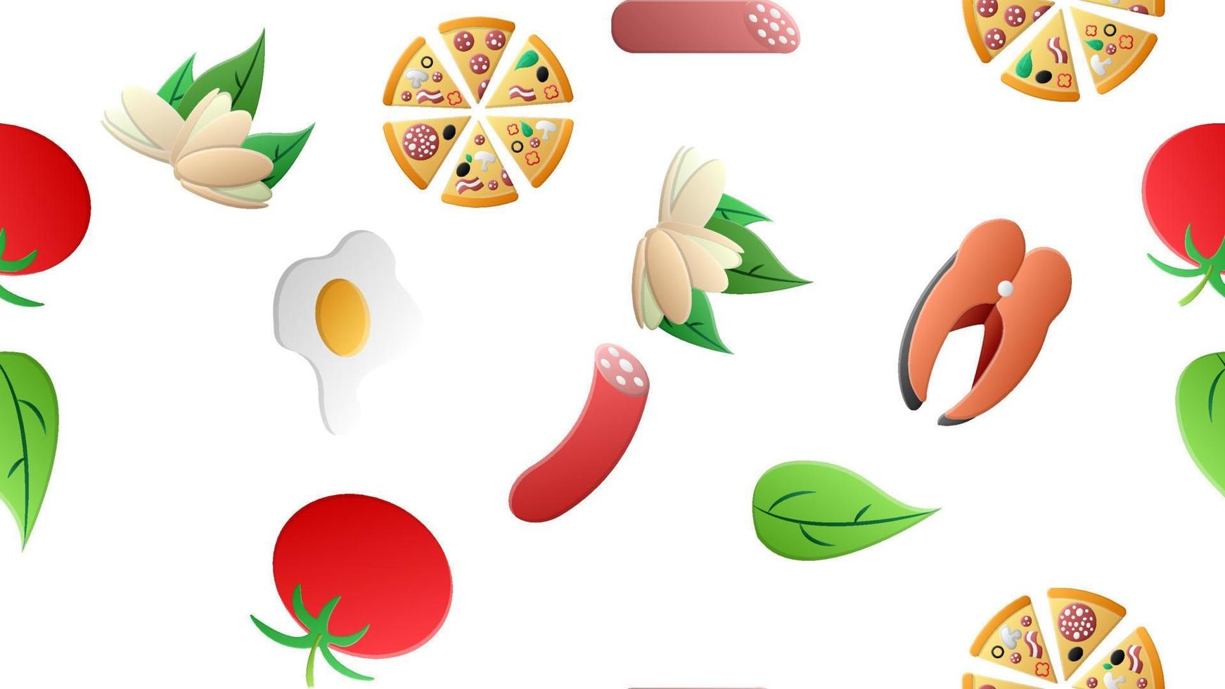 Endless white seamless pattern from a set of icons of delicious food and snacks items for a restaurant bar cafe pizza, pistachios, fish, salami, tomatoes, herbs, egg. The background vector