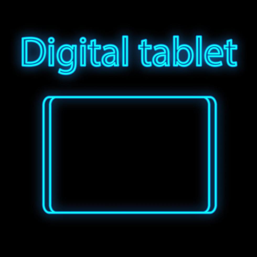 signo de neón digital azul luminoso brillante para tienda o centro de servicio de taller hermoso brillante con una tableta moderna sobre un fondo negro. ilustración vectorial vector