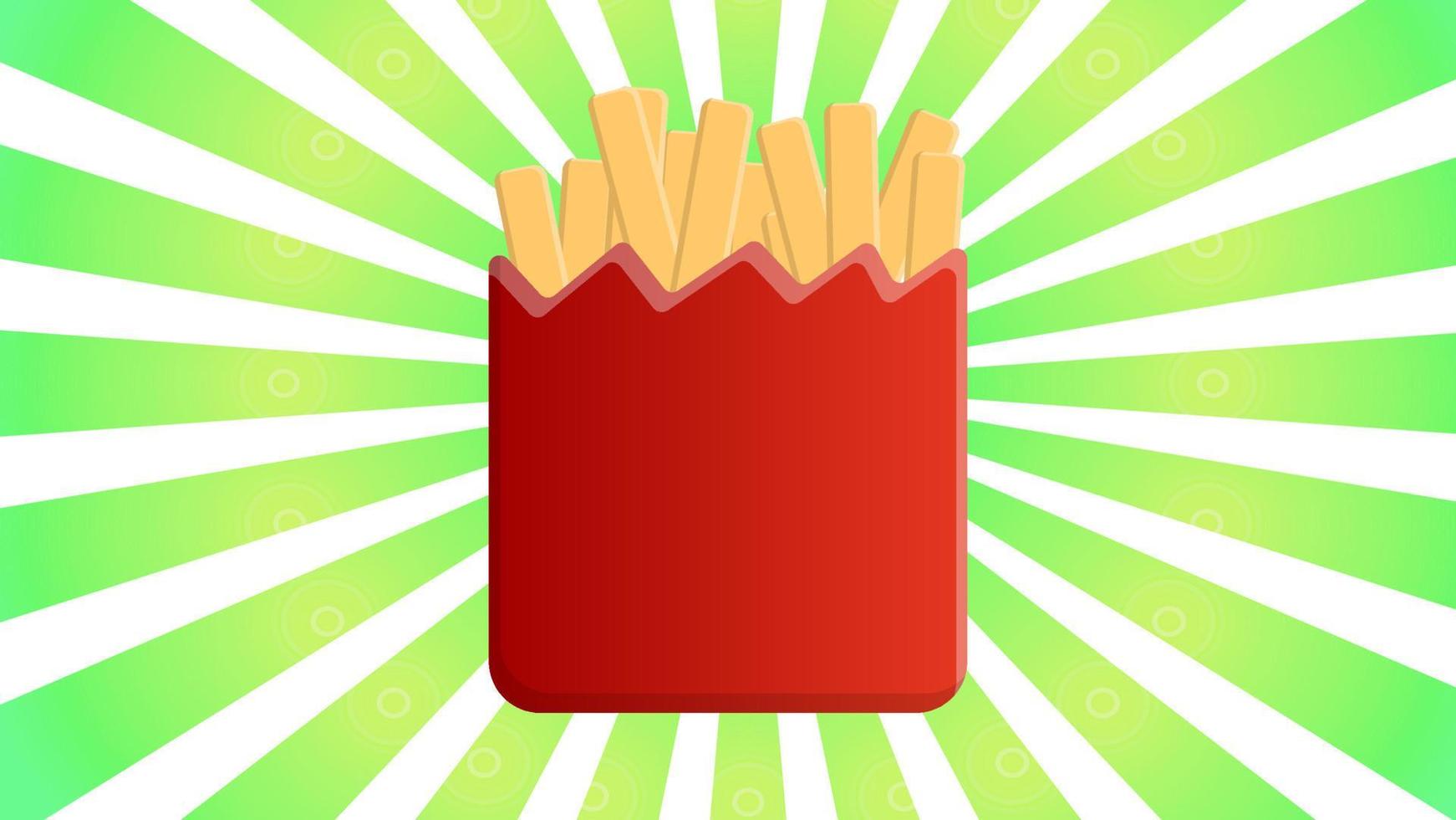 French fries in red paper box and divergent rays. Used for poster, banner, web, t-shirt print, bag print, badges, flyer vector